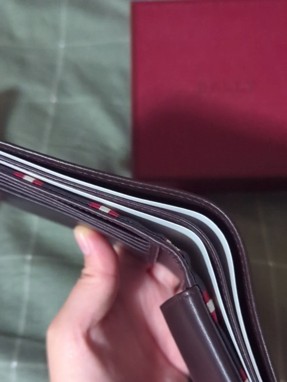 Dark Brown Leather Bifold Wallet with Red & White Stripe Accent